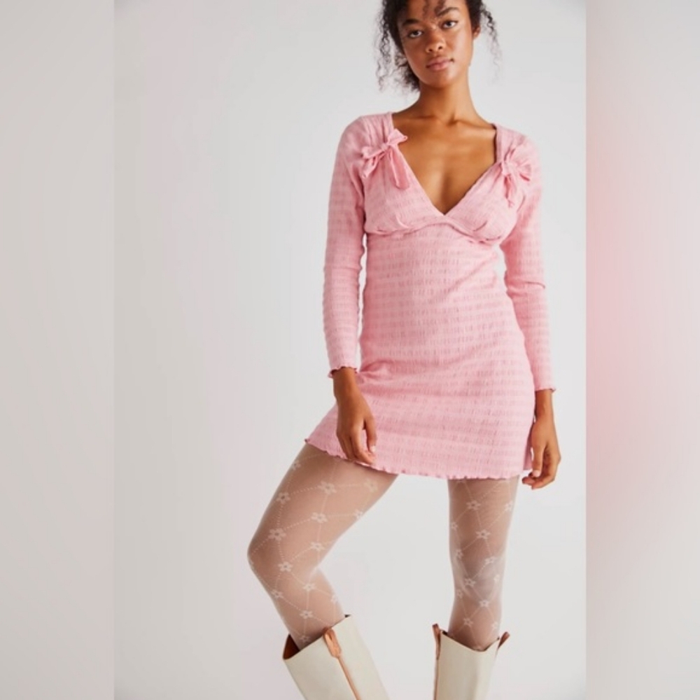 Free People: Pink Textured Long Sleeve Dress w/ Bows - Size M